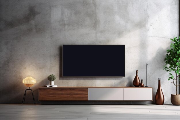 Tv gracefully placed on a cabinet in a modern living room against a concrete wall