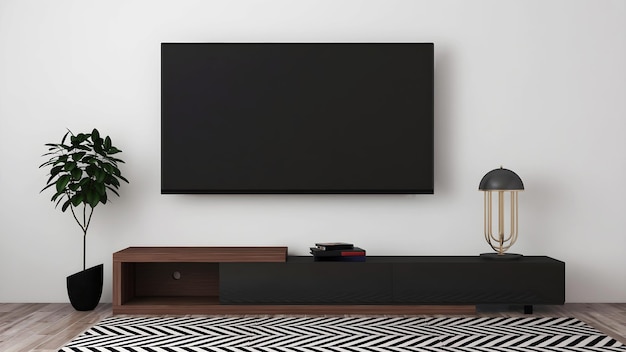 Tv interior room mockup with blank tv desk plant and table lamp