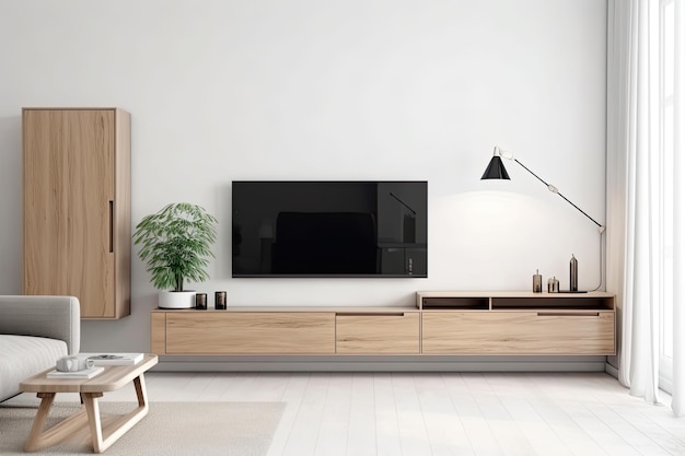 A tv is mounted on a wall in a living room.