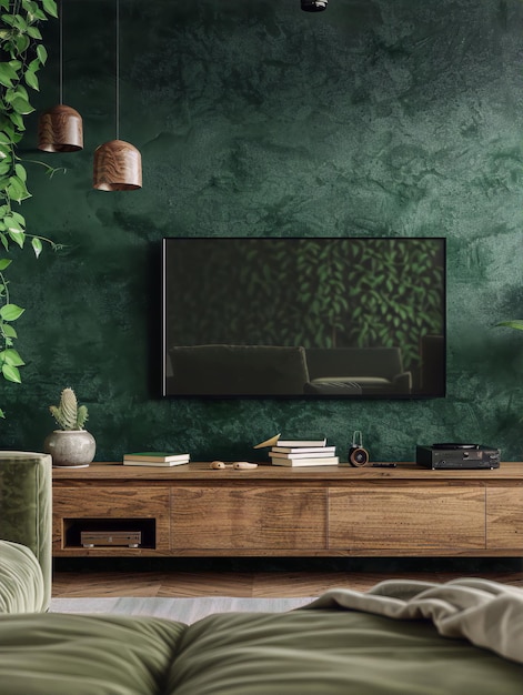 a tv is on a table with a green wall behind it