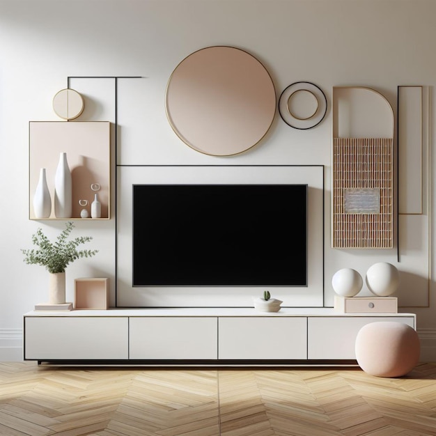 a tv is on a white shelf with a round mirror above it