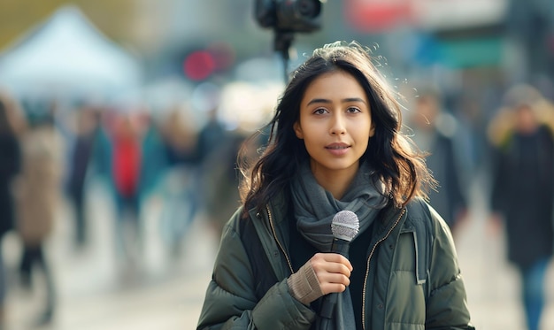 TV Journalist Lives Reporting From Urban Busy Street With Around Walking Peoples Generative Ai