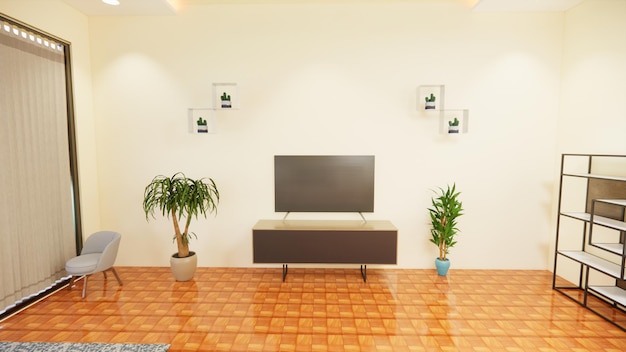 TV led on the cabinet in modern living room on cream wall background3d rendering