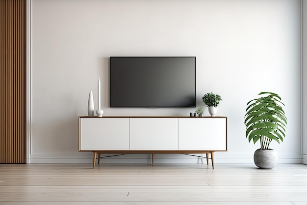 TV mockup on cabinet in modern living room with white wall illustration