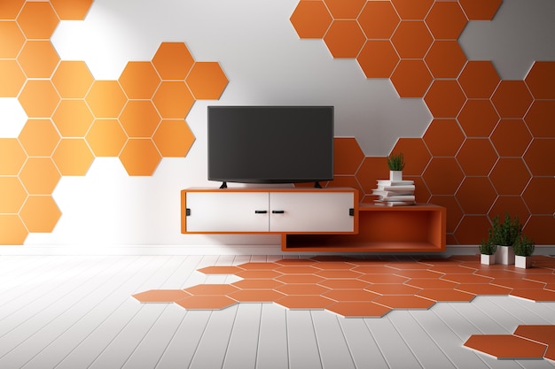 TV in modern empty room,minimal designs white wooden and hexagon tiles . 3d rendering