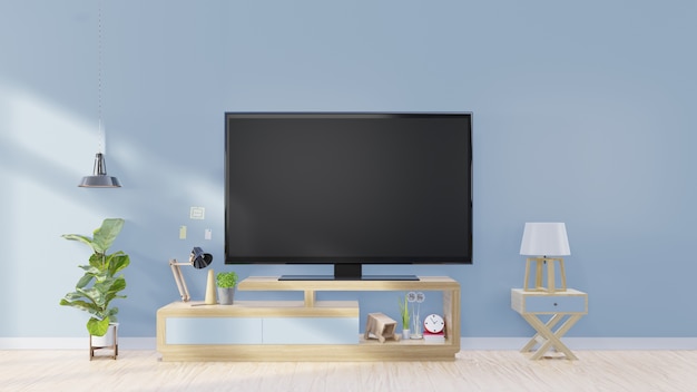 Tv screen in modern empty room and lamp plants. Decoration on back blue wall background 