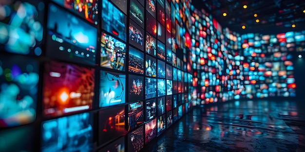 TV screens arrayed for broadcasting content multimedia display for communication Concept TV screens Multimedia Display Broadcasting Content Communication Arrayed Display