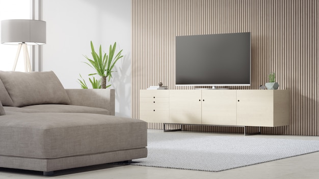 TV stand near wooden wall of bright living room and sofa against television in modern house or apartment.