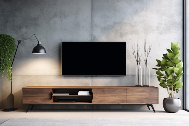 TV suspended on a cabinet in a living room with a chic loft style