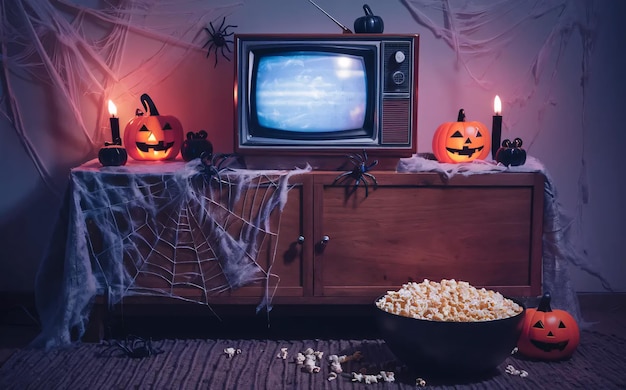 a tv on a table with a pumpkin on it