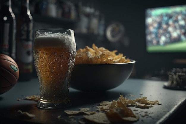 TV television watching football match with snacks and alcohol relax in front of the TV A fan match play off a plate of potato chips mug of beer on the table Popcorn drinks