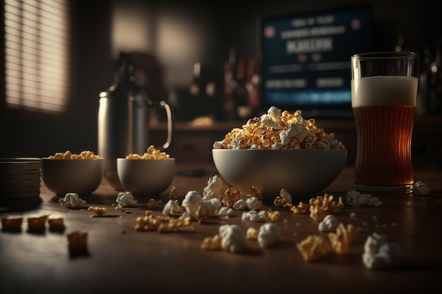 TV television watching football match with snacks and alcohol relax in front of the TV A fan match play off a plate of potato chips mug of beer on the table Popcorn drinks