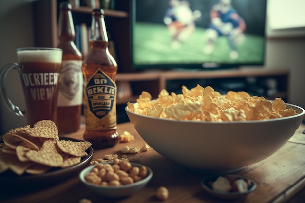 TV television watching football match with snacks and alcohol relax in front of the TV A fan match play off a plate of potato chips mug of beer on the table Popcorn drinks