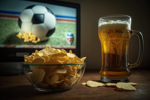 TV television watching football match with snacks and alcohol relax in front of the TV A fan match play off a plate of potato chips mug of beer on the table Popcorn drinks