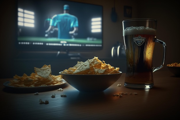 TV television watching football match with snacks and alcohol relax in front of the TV A fan match play off a plate of potato chips mug of beer on the table Popcorn drinks