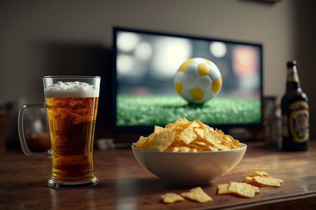 TV television watching football match with snacks and alcohol relax in front of the TV A fan match play off a plate of potato chips mug of beer on the table Popcorn drinks