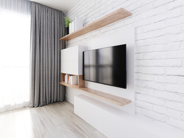 A TV unit TV wall TV set with a TV and bookshelves white decorative brick wall