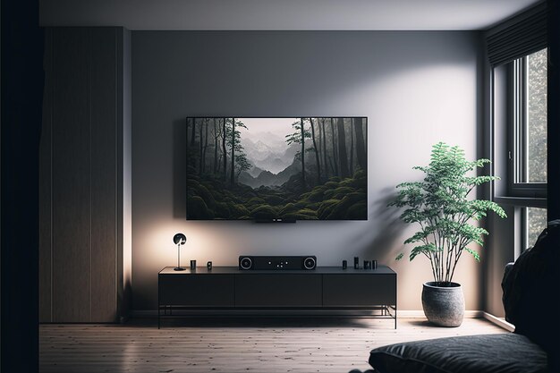 A tv on a wall with a picture of a forest on it.