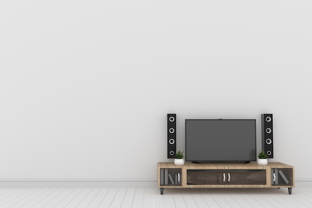 TV on the white wall in modern living room interior design, 3d rendering