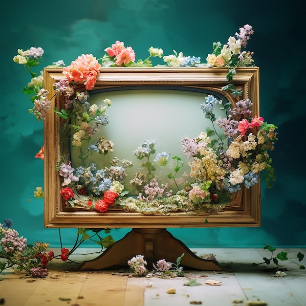 a tv with flowers