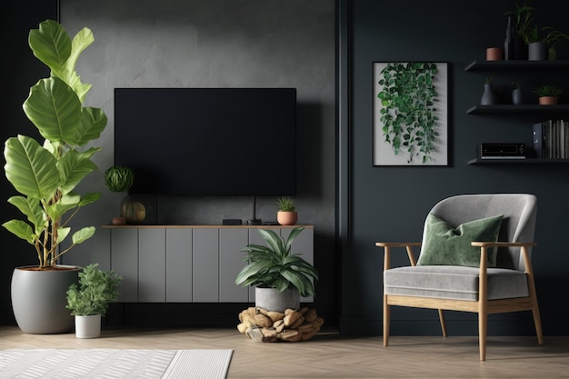 A TV with a wooden plate above the cabinet hangs on a gray wall in a contemporary living room