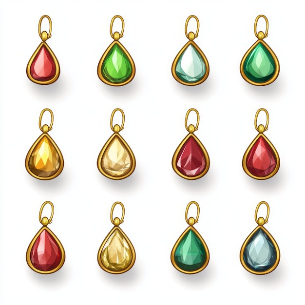 Photo twelve colorful gemstone pendants with gold frames isolated on white background