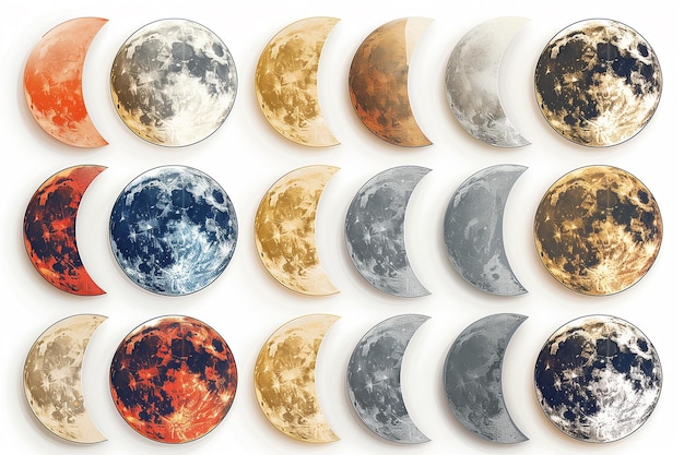 Photo twelve moons with varying colors illustrating different phases in a set