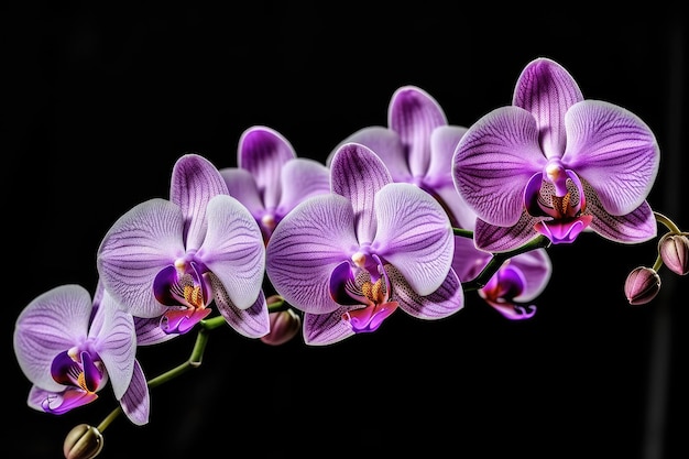 Twig of lilac Phalaenopsis orchid on a black background Generative AI