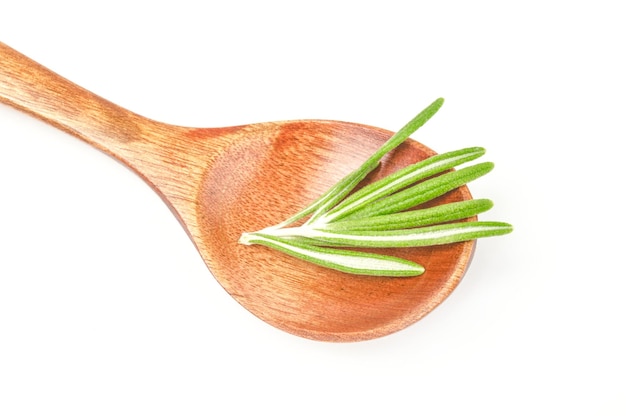 Twig of rosemary in wooden spoon isolated on white background cutout