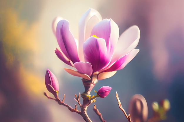 Twig with blooming pink magnolia flower Generative Ai