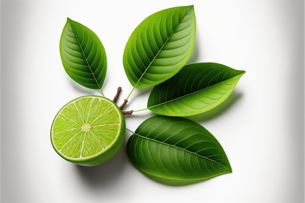 Twig with straightened green leaves and lime on white