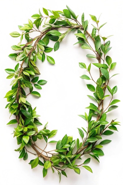 Twigs with green leaves in a floral waved garland isolated