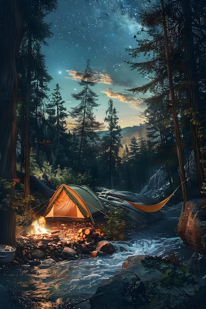 Twilight Camping Serenity A Cozy Evening with Friends by the Riverside in a Forest Under the Starry