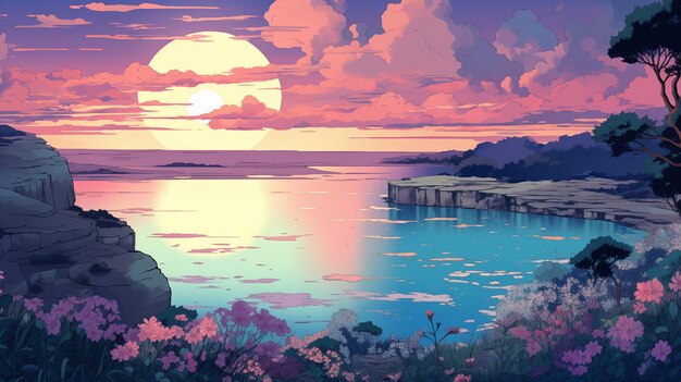 Twilight descends on tranquil cove with pastel sky ai generated 2D cartoon illustration