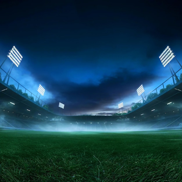 twilight football stadium magic fog lights green grass flare