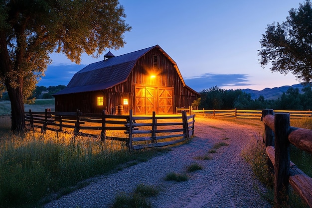 Photo twilight glow on charming barn with soft illumination