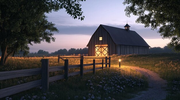 Photo twilight glow on charming barn with soft illumination