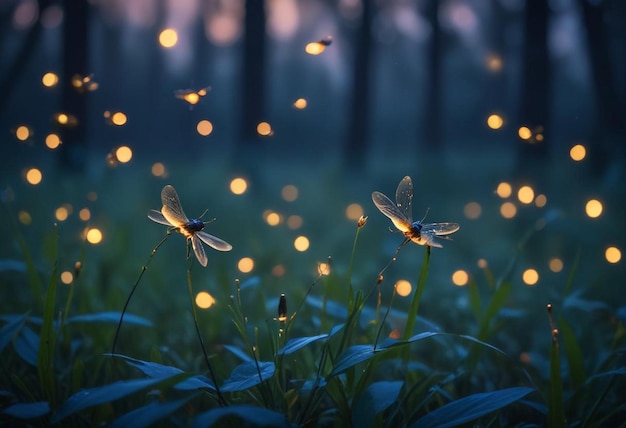 Photo twilight glow a closeup of fireflies illuminating the dusk with their magical light