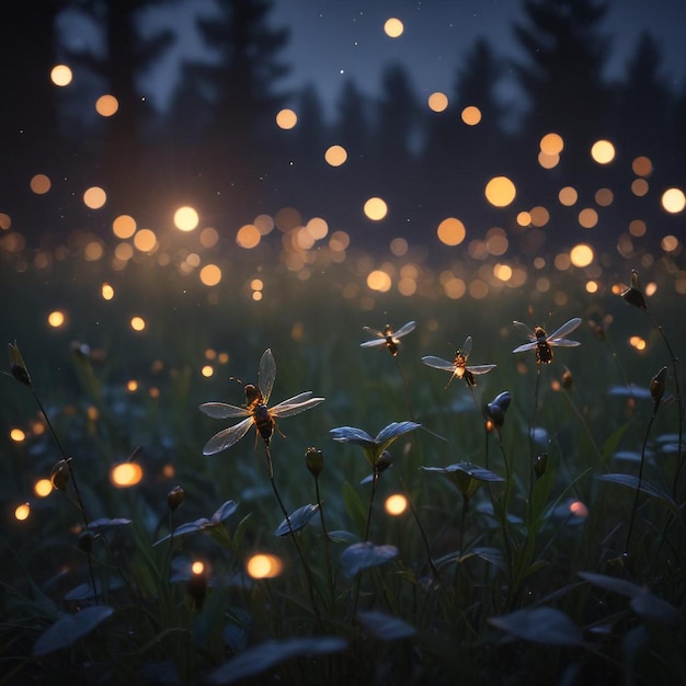 Twilight Glow A Closeup of Fireflies Illuminating the Dusk with Their Magical Light