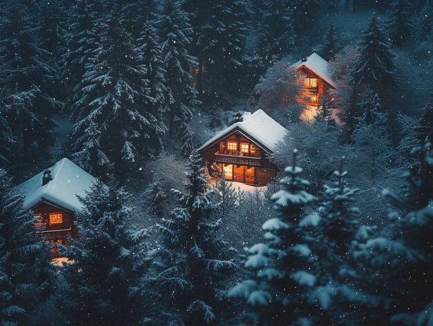 Twilight Glow on Snowy Cabins