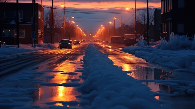 Twilight Glow on Snowy Suburban Street in Winter Evening