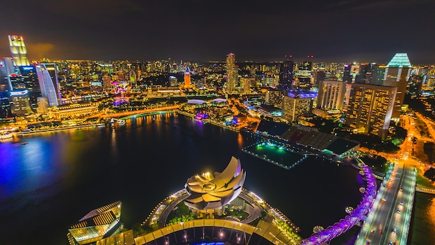 twilight landscape colourful reflection Singapore river to night time selective focus 