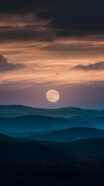 Photo twilight landscape rolling hills full moon illuminating serene ambiance