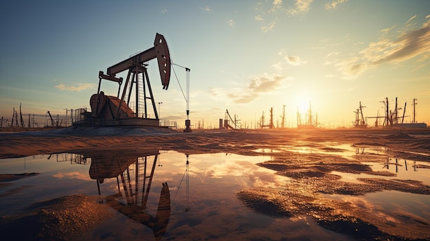 At twilight oil pumps work as their silhouette reflects against the water creating a beautiful scene