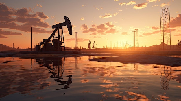 At twilight oil pumps work as their silhouette reflects against the water creating a beautiful scene