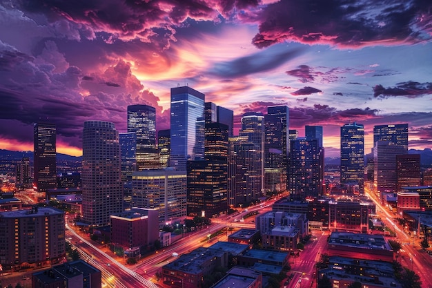 Twilight Panorama of Denver Skyscraper and Downtown Street Travel America