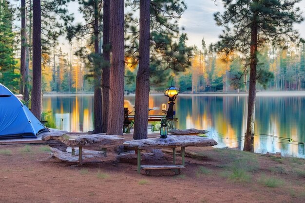 Photo twilight serenity a cozy lakeside campsite retreat