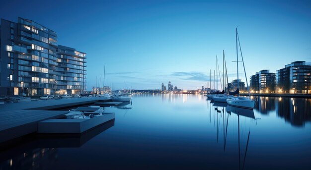 Photo twilight serenity at modern marina waterfront