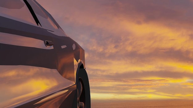 Twilight sky car reflection at a sunset sea (3D Rendering)