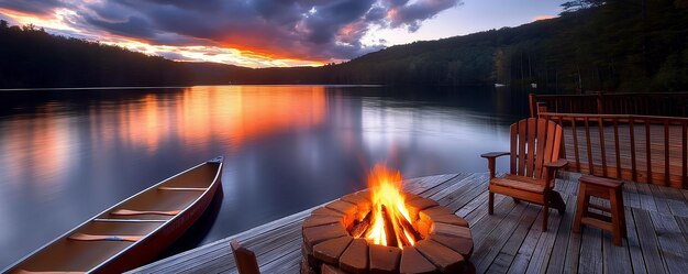 Photo twilight tranquility lakeside retreat with fire pit and canoe